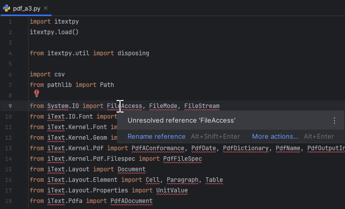 Screenshot of a code editor showing unresolved references for Python code