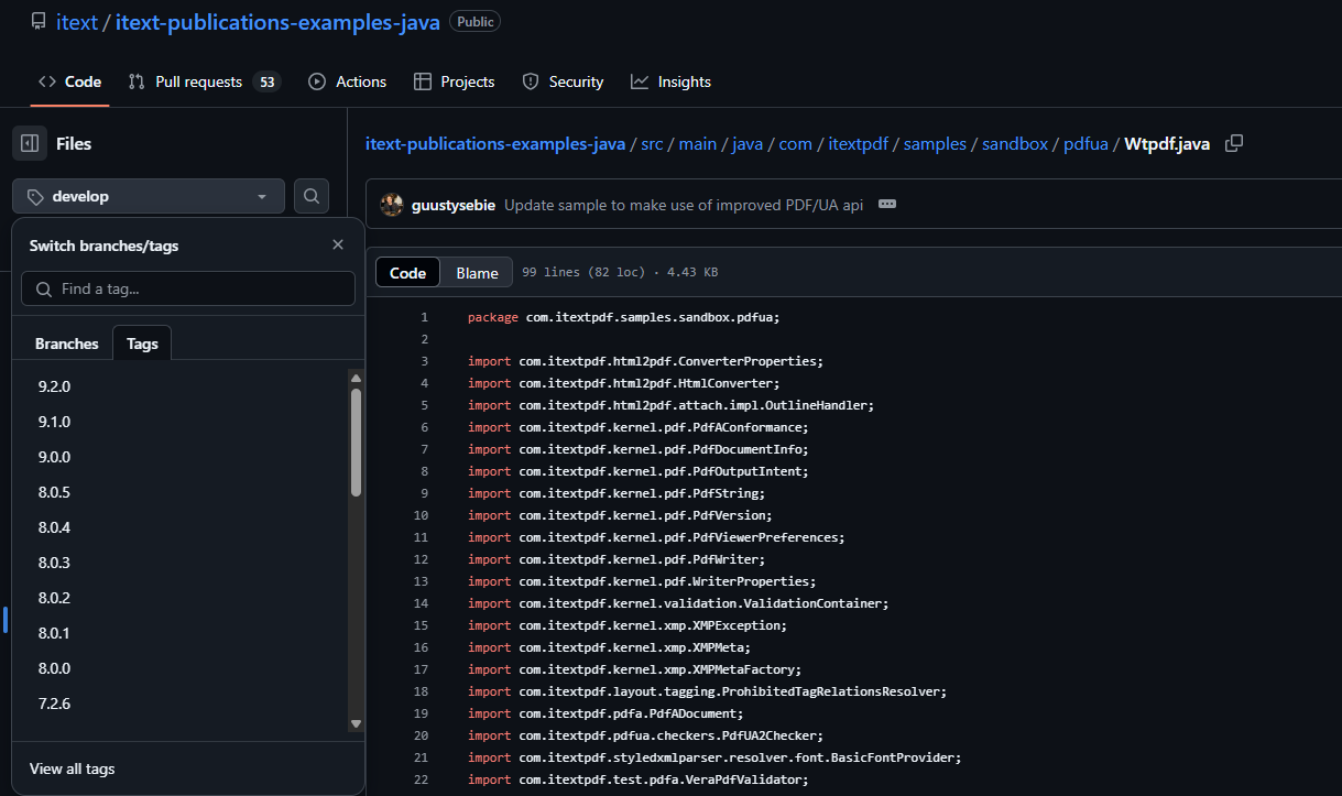 A screenshot of an iText example repository, showing a list of release tags