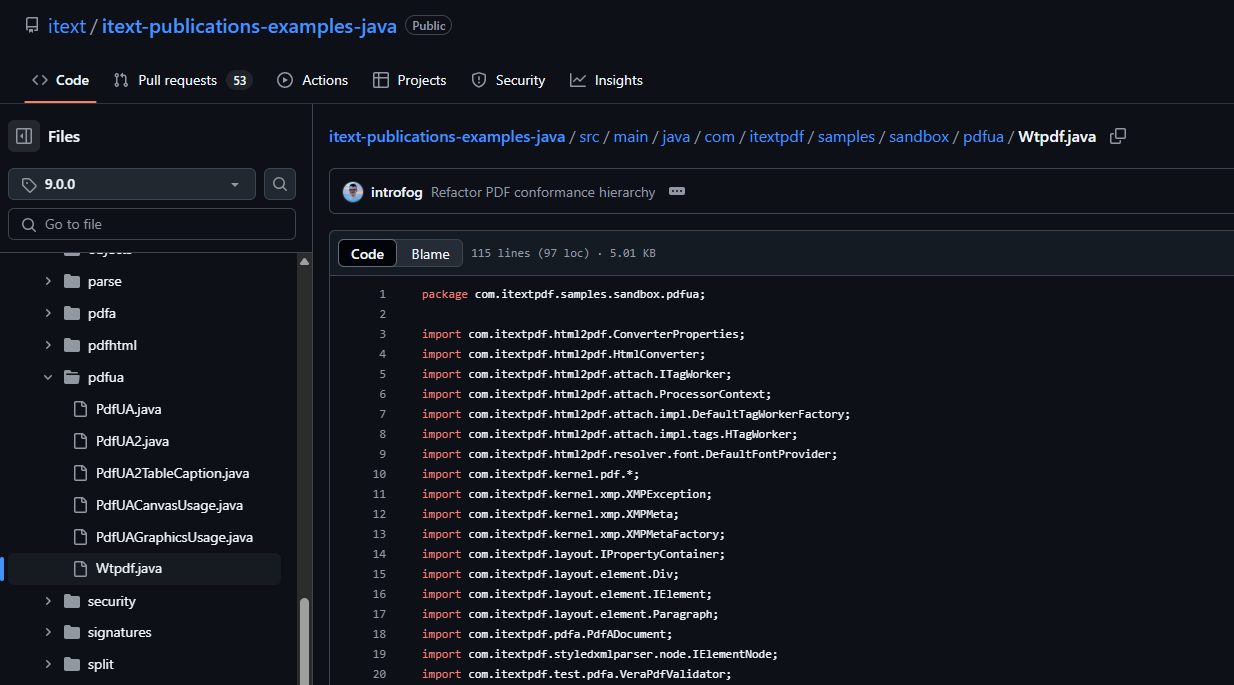 A screenshot of of the Wtpdf.java example tied to the release of iText Core 9.0.0
