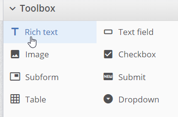 Select Rich text in the toolbox to insert a rich text element